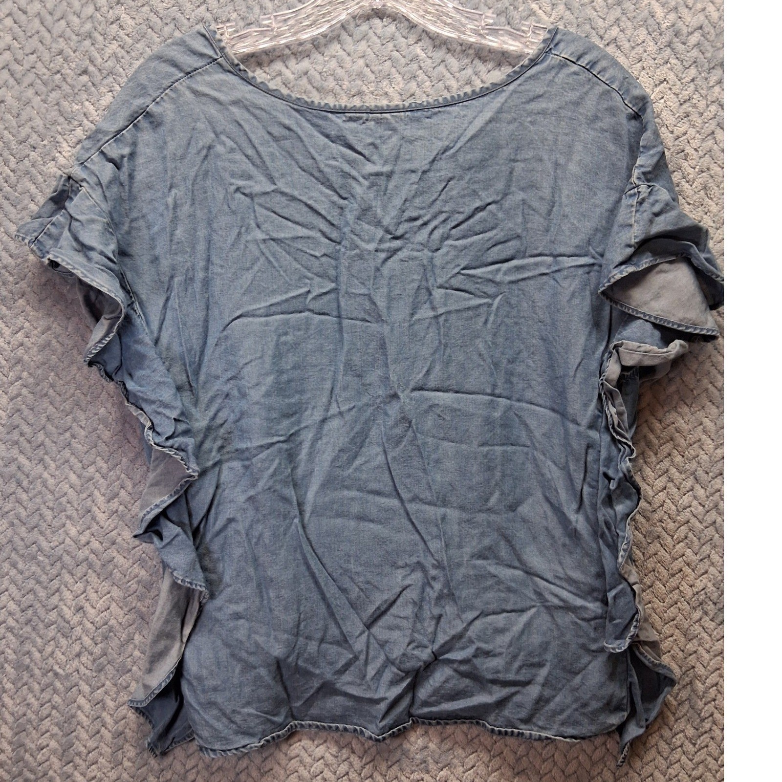 Gap SS Cascade Ruffle Top Medium Wash Lyocell V-Neck Blouse Blue Womens Medium