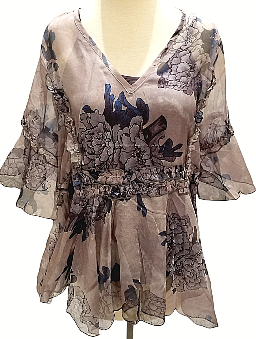 Pretty Angel Women’s 3/4 Bell Sleeve Blouse Small M Sheer Floral Blue Sheer New