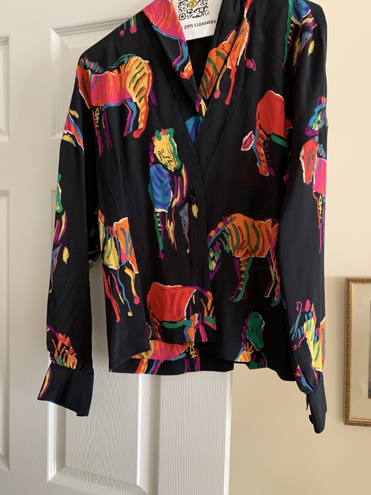 Escada Margaretha Ley Blouse Black With Colorful Animals. Size 40