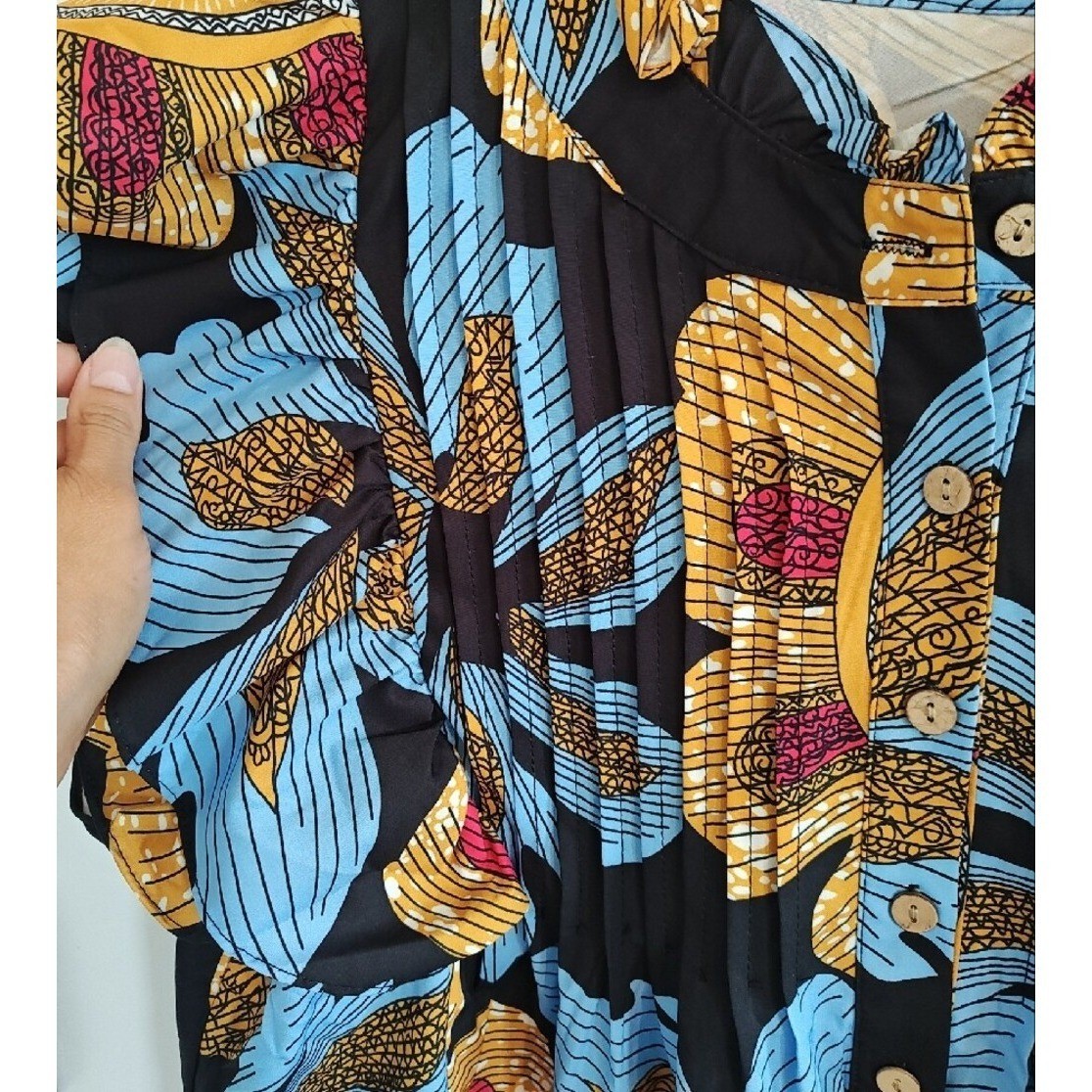 Floral Ruffle Sleeve Button Down Blouse Blue Yellow Pleated Front Women medium