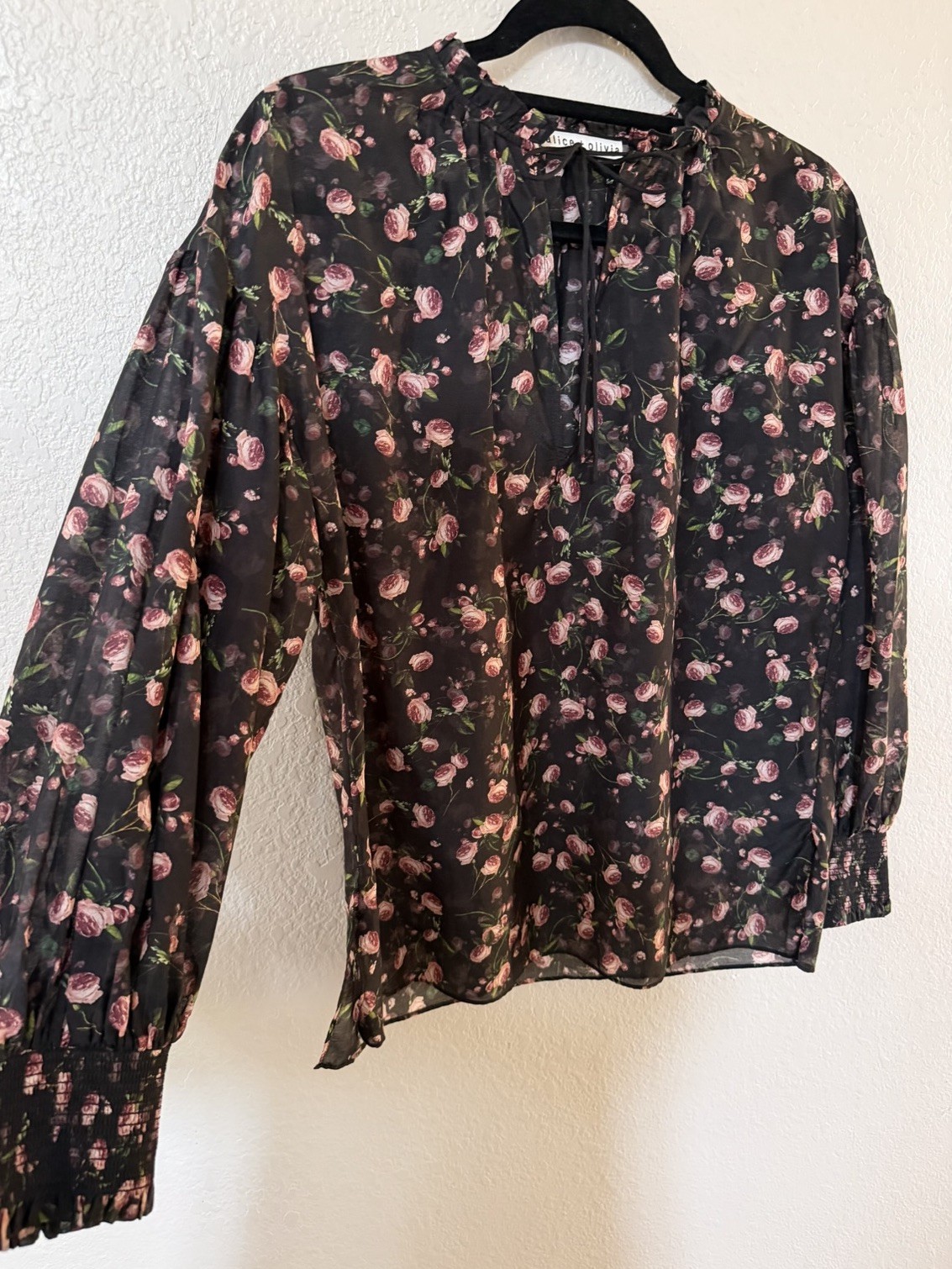 New Alice + Olivia Julius Floral Silk Blend Voile Blouse In Black Multi S $395
