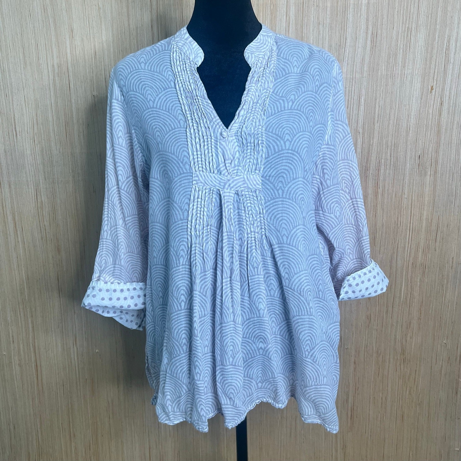 Oliphant 100% Cotton Shirt Neutral Print Pleated Notch Collar 3/4 Sleeve Size L