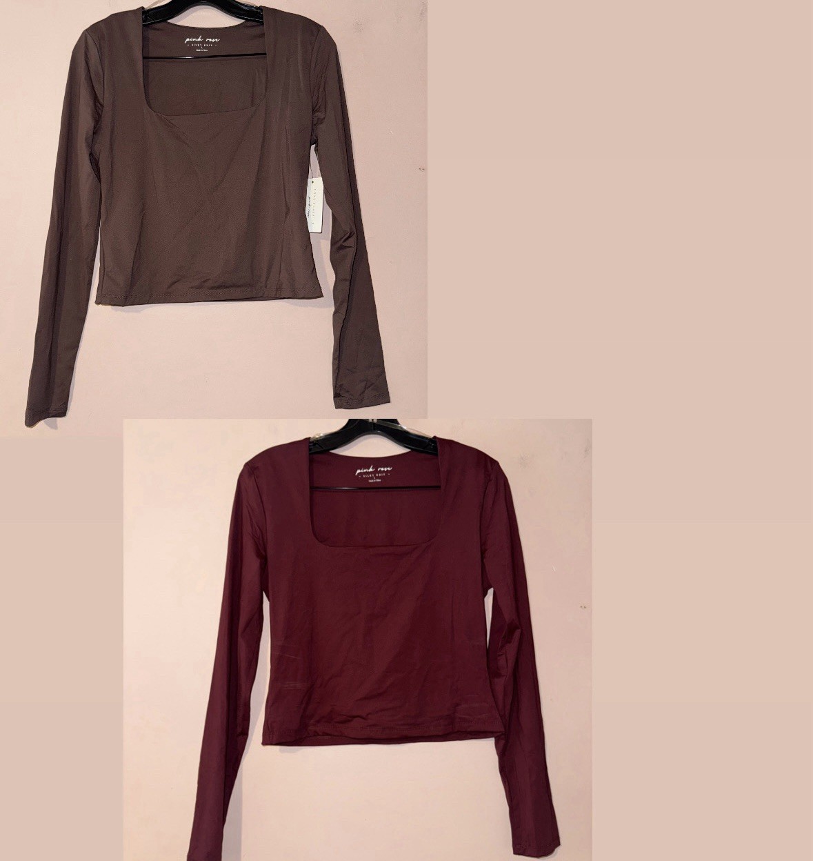 Pink Rose Brown / Wine Square Neck Long Sleeve Shirt Set Size L NEW!