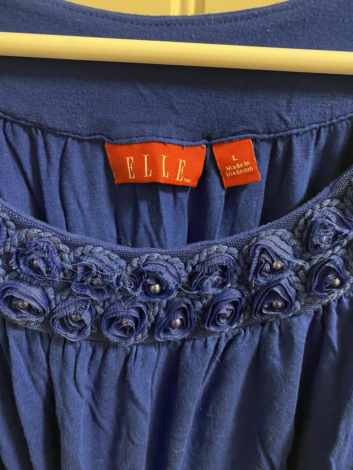 ELLE L Top Bright Blue Large Blouse Ribbon Trim Beaded Shirt Lg