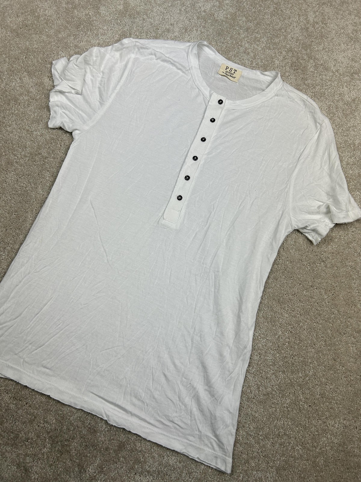 PST Los Angeles Shirt Womens Small White Henley Button Short Sleeve Modal Top