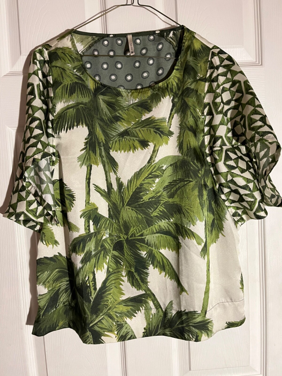 Indies Green & Cream Tropical Palm Tree Top Short Sleeve Scoop Neck Womens M