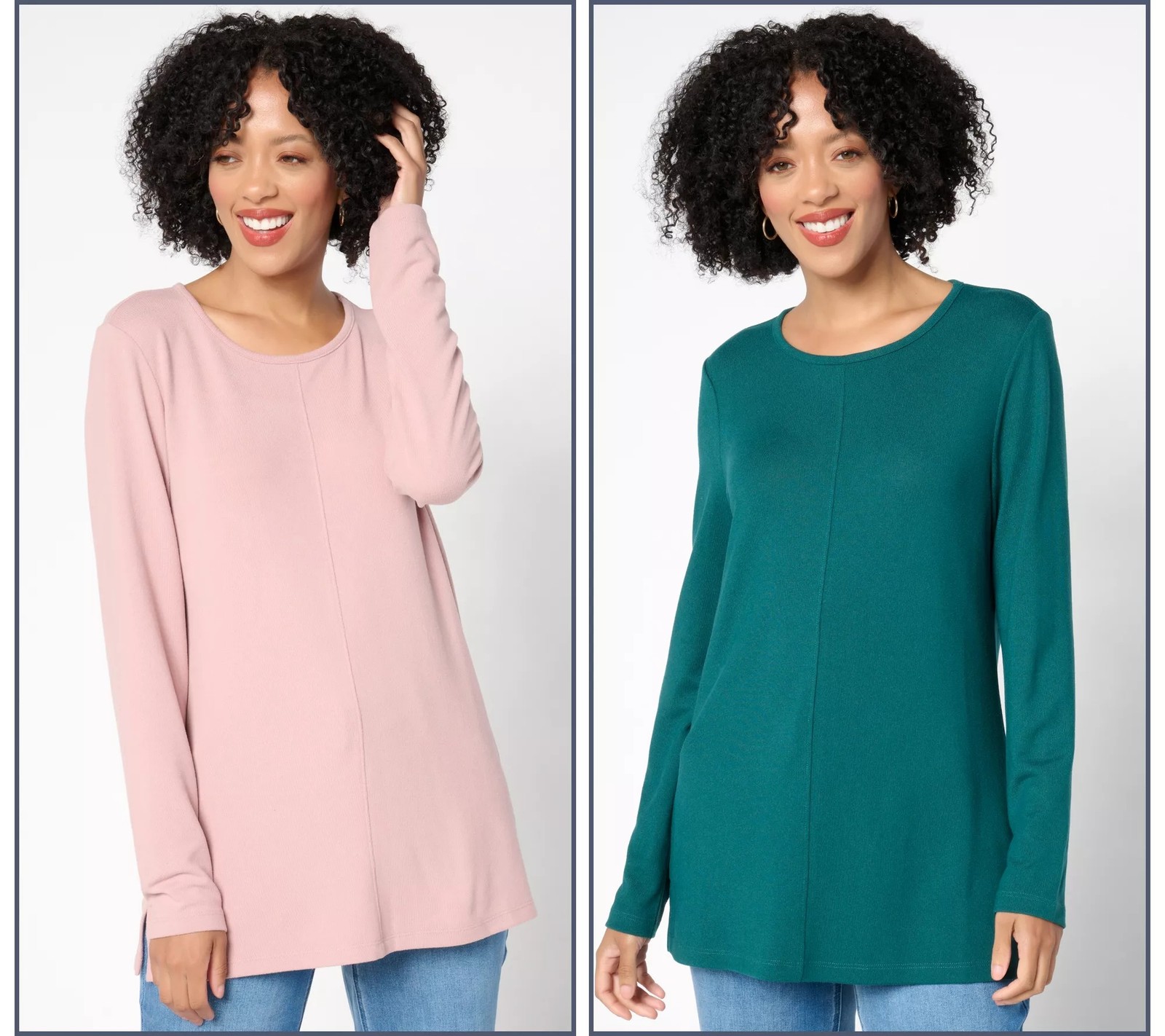 Denim & Co. 2-Pack Heavenly Jersey Long Sleeve Tunic Tops Wood Rose/Green 1X New