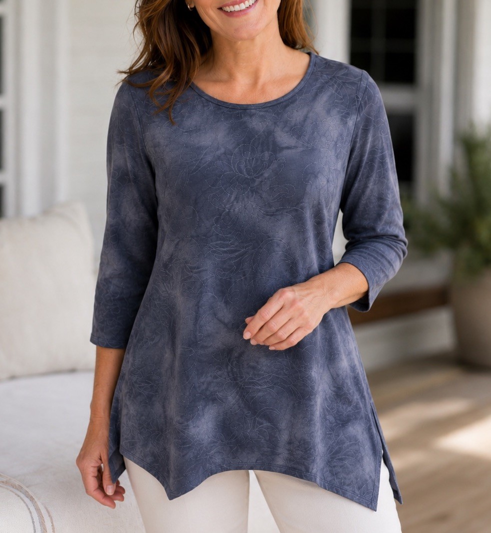 AB Studio Womens M Dark Blue Gray Tie Dye Tunic Blouse Boho 3/4 Sleeve Asym Hem