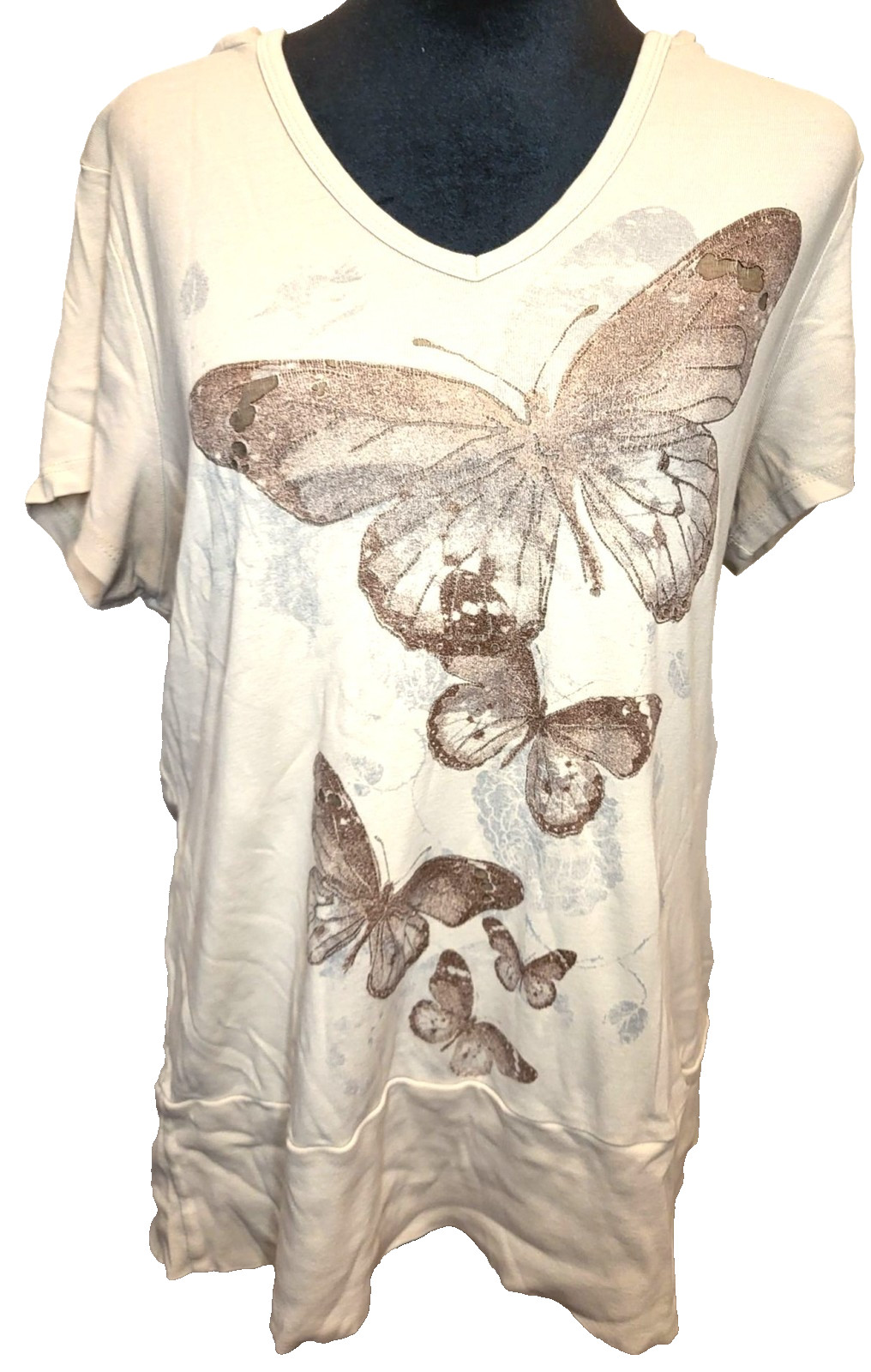Y2K Beige Butterfly Print Hooded Graphic Tee XL Grunge Fairy 00s Whimsical Boho