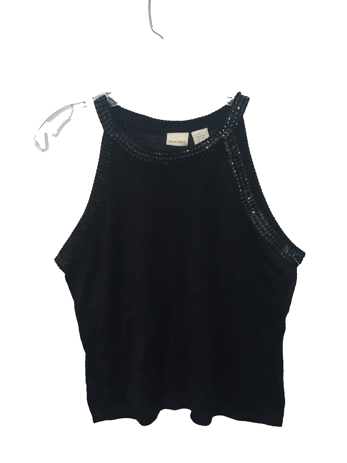 Merona Black Cropped Top Size L Large Sequin Lined 100% Silk Sleeveless