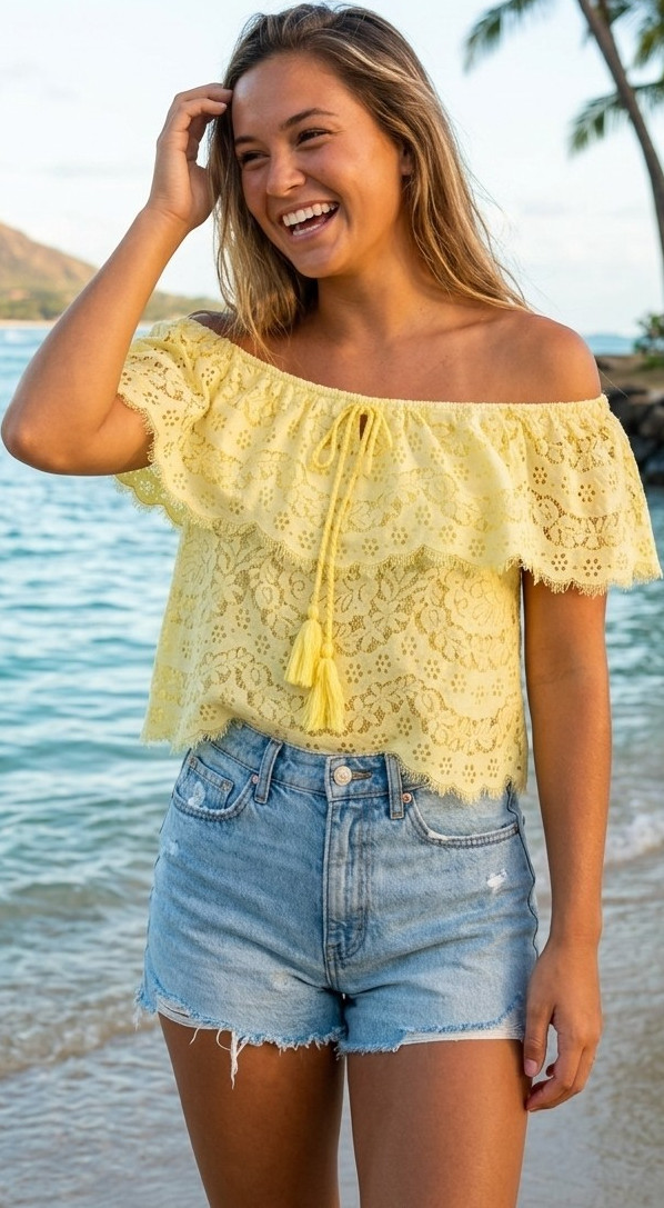 Flying Tomato Yellow Lace Off-Shoulder Boho Top With Tassels Size M