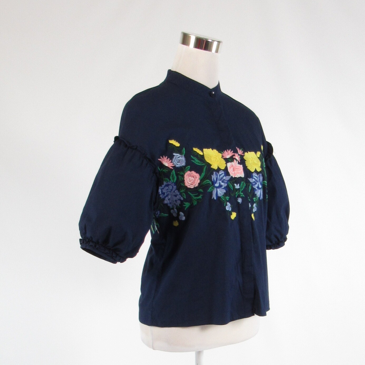 Navy blue yellow floral print 100% cotton AXEL button down blouse FR36 6
