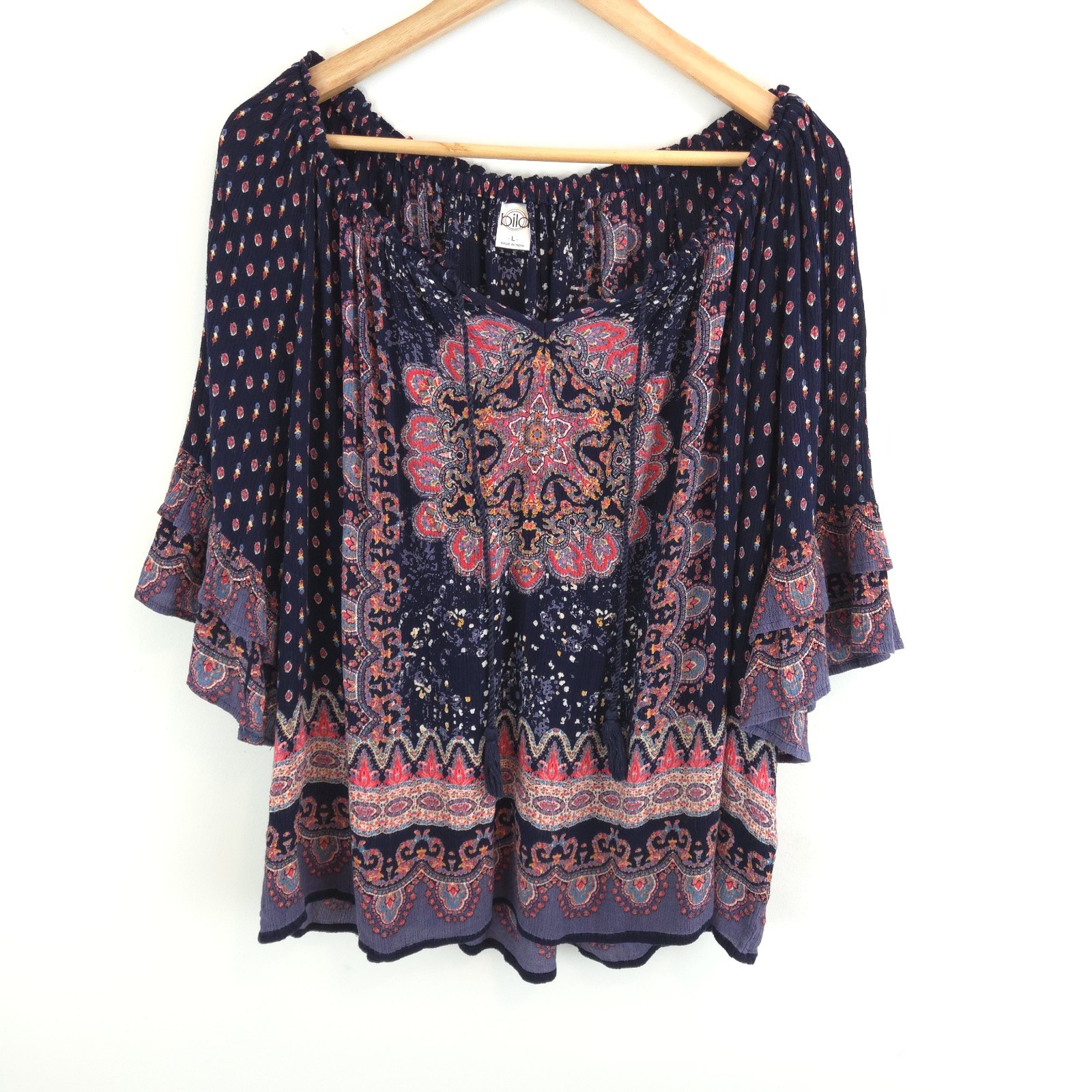 Bila Women’s Boho Paisley Print Top Bell Sleeves Rayon Tassels Flowy Size L