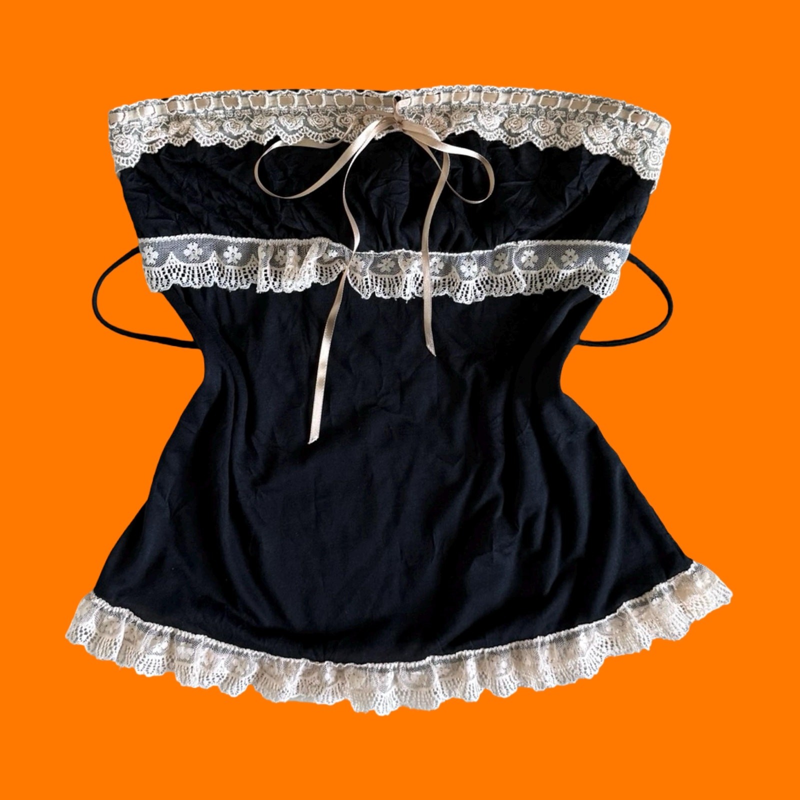 00’s vintage black lace trim coquette milkmaid y2k babydoll tube top MEDIUM
