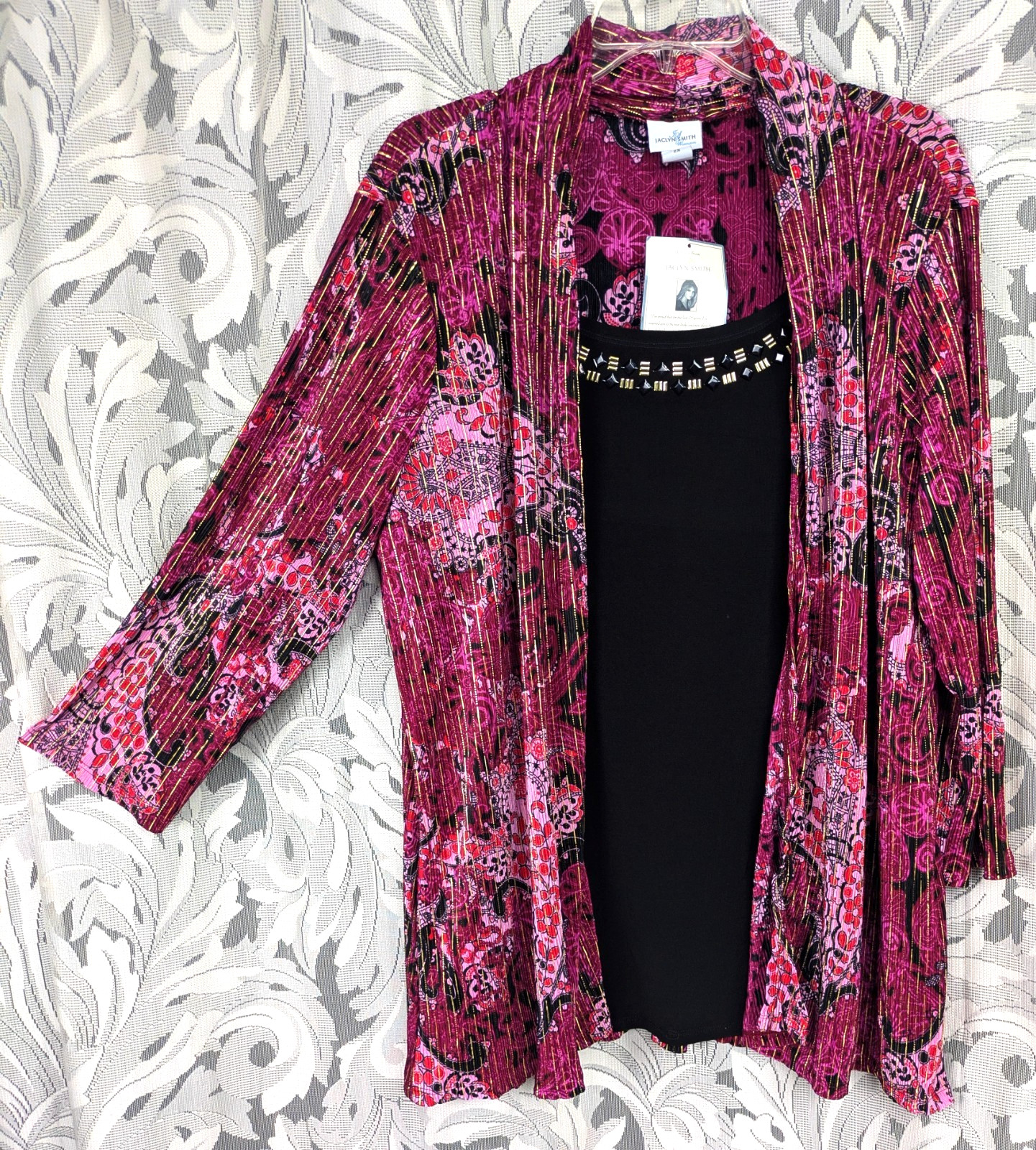 2X JACLYN SMITH 2-FER STUD KNIT TANK TOP, SHIMMERY ORIENTAL ACCORDIAN CARDIGAN