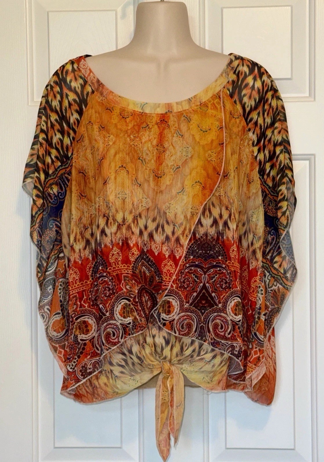 Women’s XL Colorful Boho Paisley Tie Front Blouse Dolman Short Sleeve Round Neck