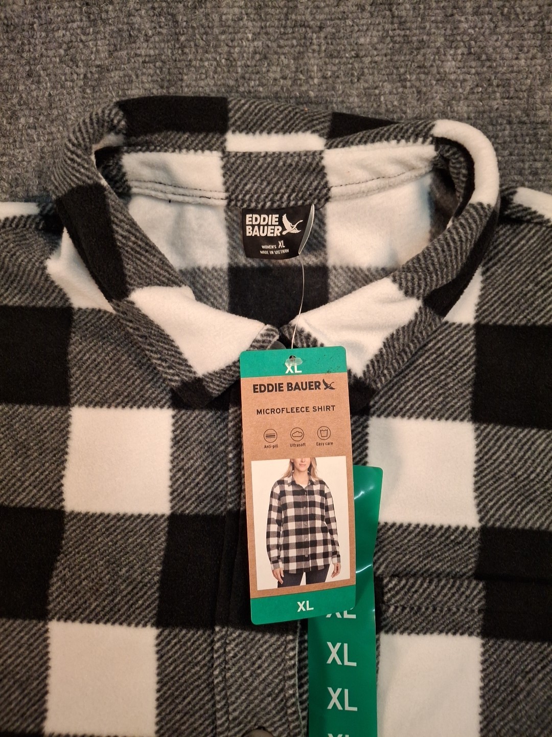Eddie Bauer Women’s Microfleece Button Up Flannel Shacket, Black Plaid, XL, New