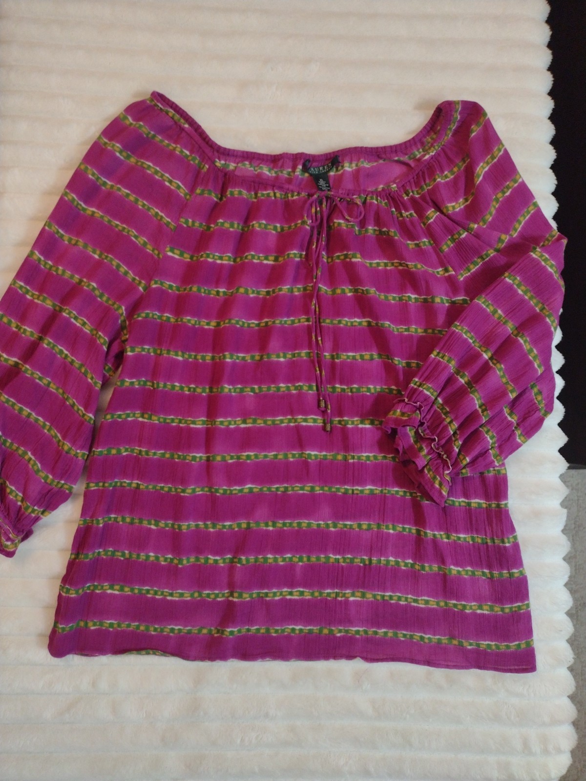 Lauren Ralph Lauren Womens XL Purple Tie Die Stripe Tie Neck Boho Peasant Blouse