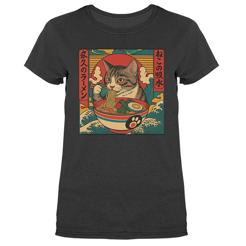 Cat Eating Ramen Noodles Kawaii Anime Manga Japanese Food Women’s T-shirt