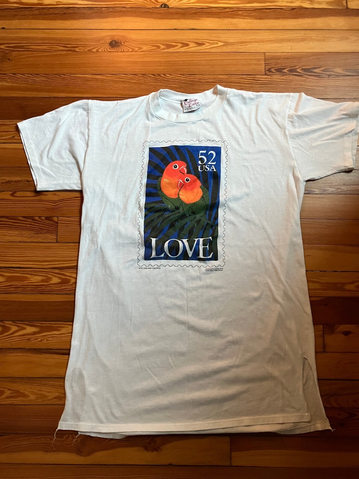 Vintage 1991 USPS Love Stamp Lovebirds T Shirt Single Stitch White College Lane