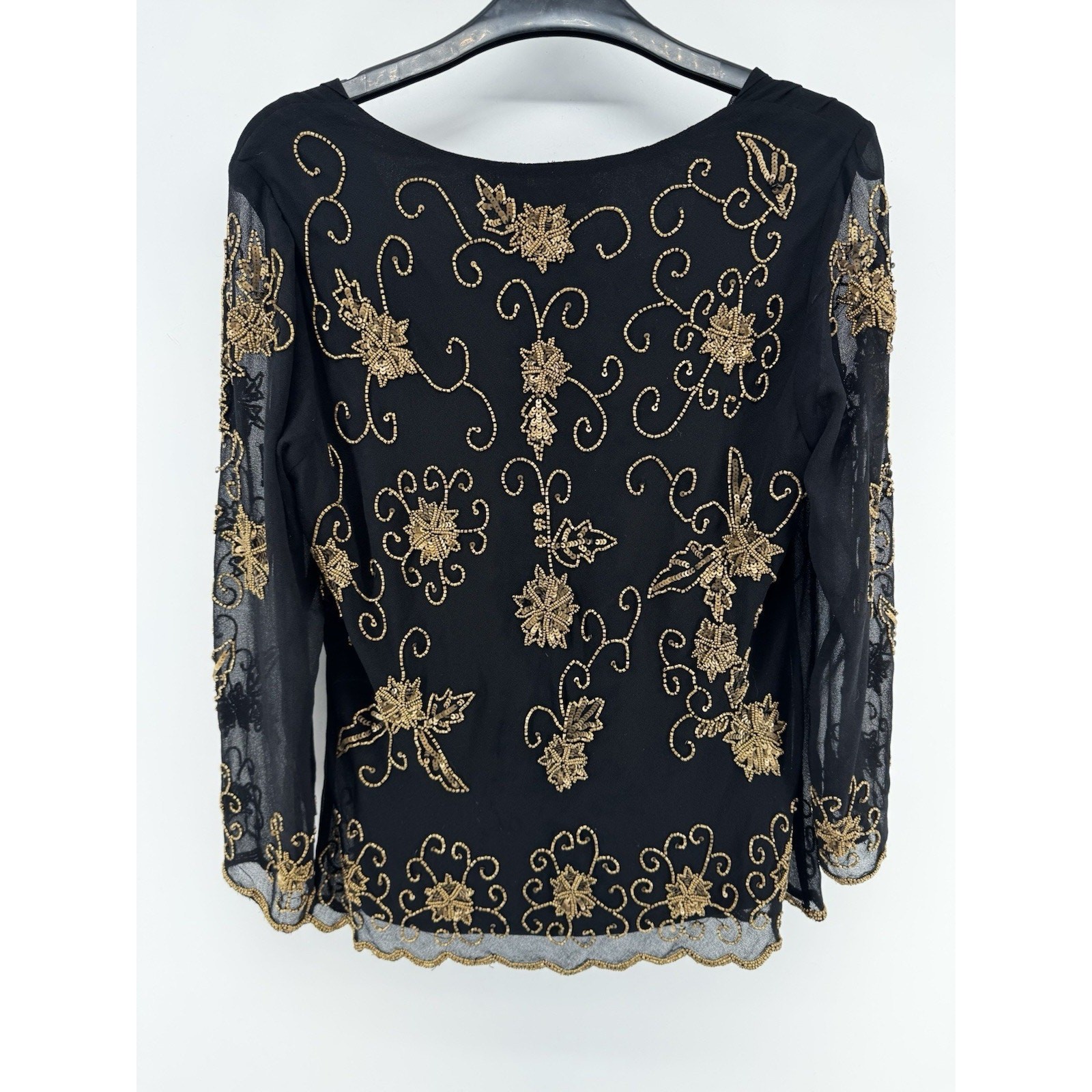 Jacques Vert Beaded Top Sheer Black Gold Beads Size 12 Vintage NWT Flaw