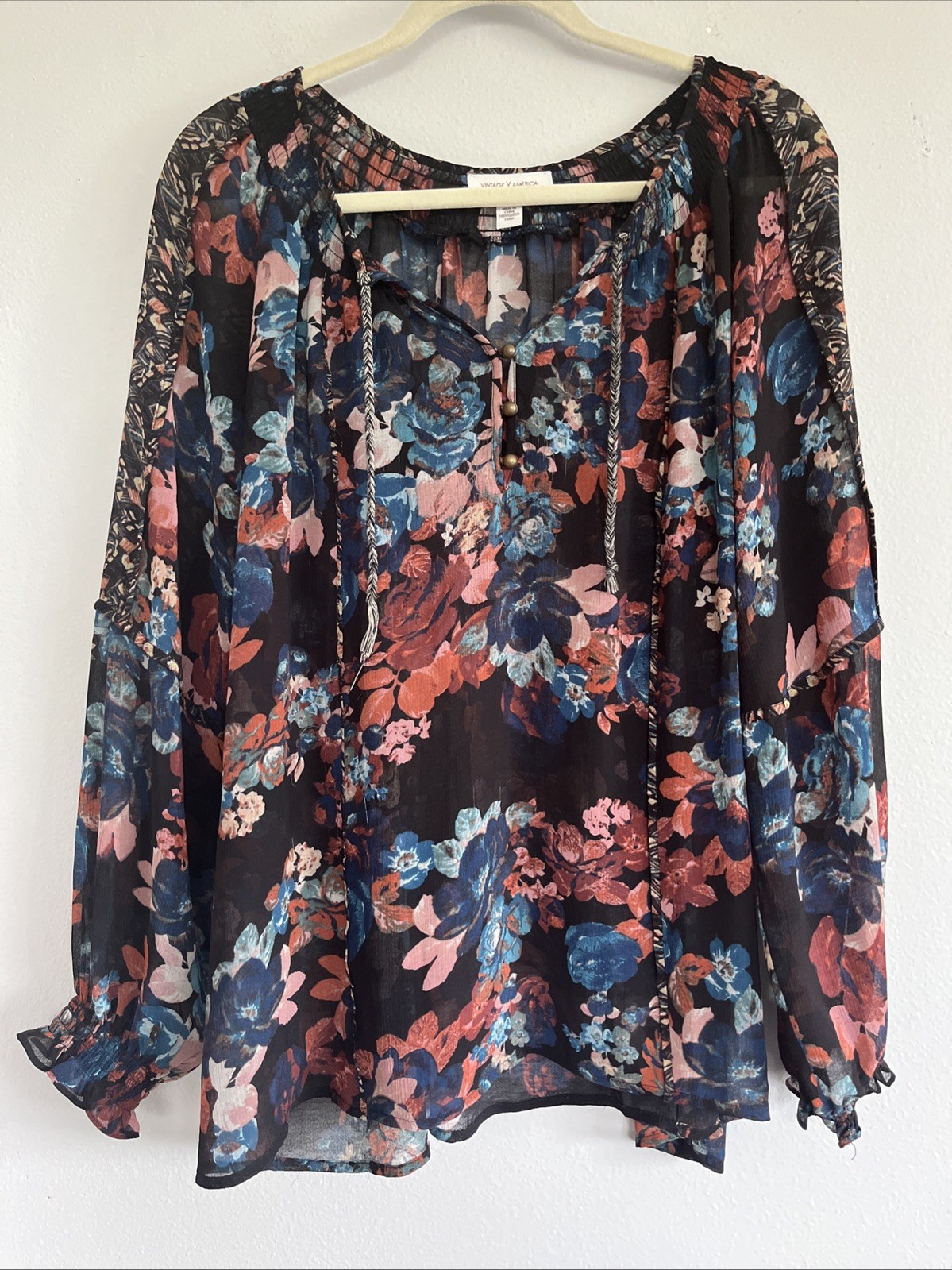 Vintage America Women’s XL Black Blue Floral Boho Top Tassels Patchwork Shoulder