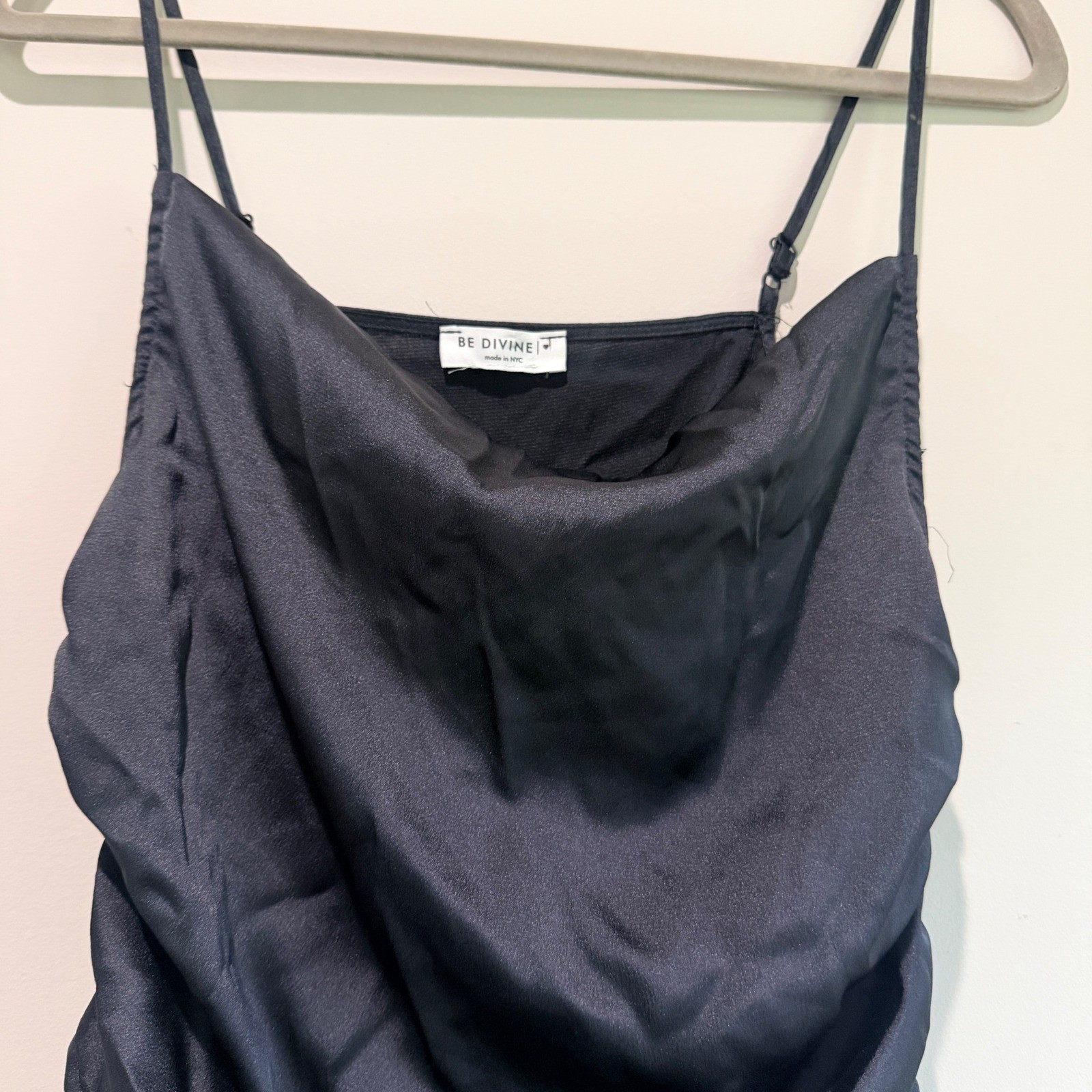 Be Divine Cowl Neck Ruched Cami Tie Side Sinch Womens S Black Satin Indie Sleaze