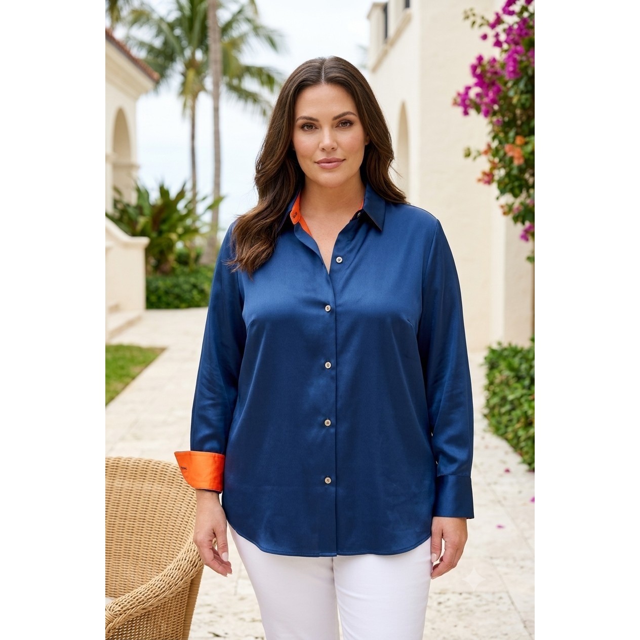 Gretchen Scott Diva Navy Blue Satin Orange Contrast Button Down Blouse Sash XL