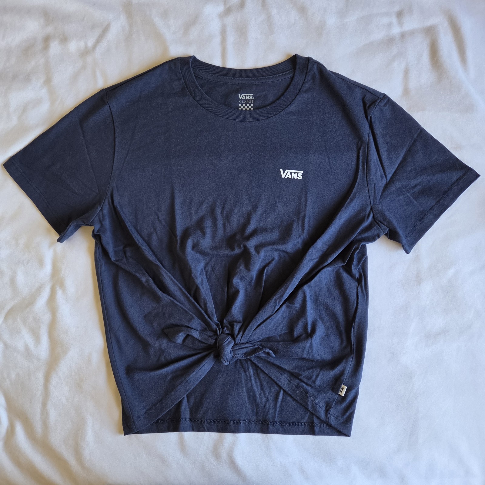 Vans Off The Wall Women’s M, L, XL Navy Blue Crewneck Front Tie T-Shirt Tee New