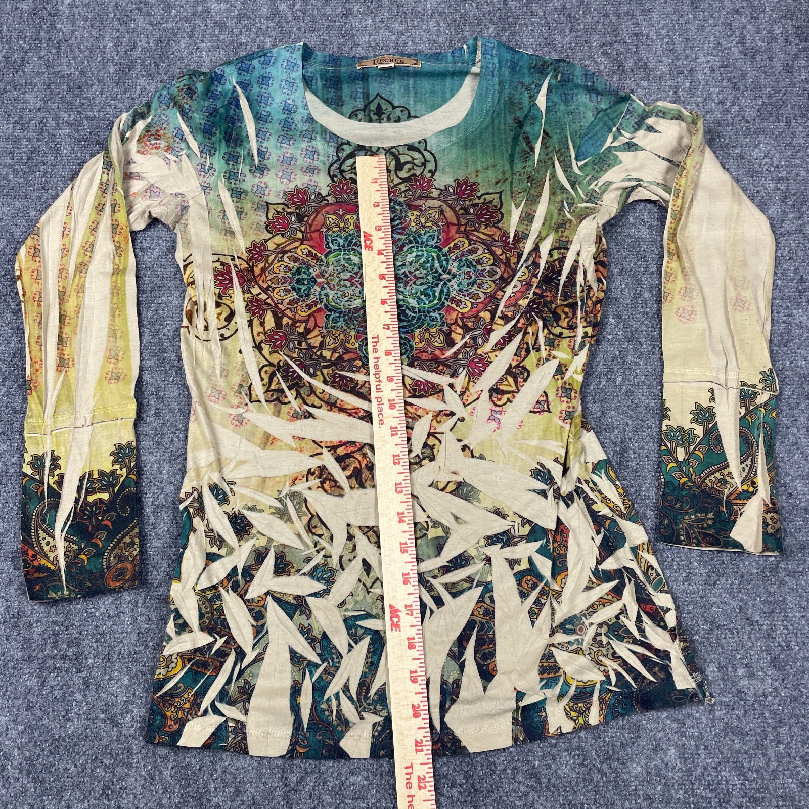 Decree Womens Top Shirt M Boho Y2K Grunge Mandala LS Graphic Print Tattoo