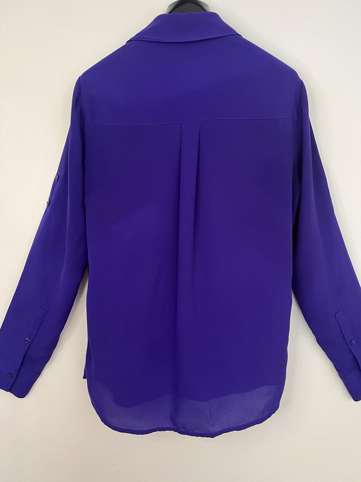 Express Portofino Shirt Blouse Purple Button down Convertible Sleeve V-Neck S