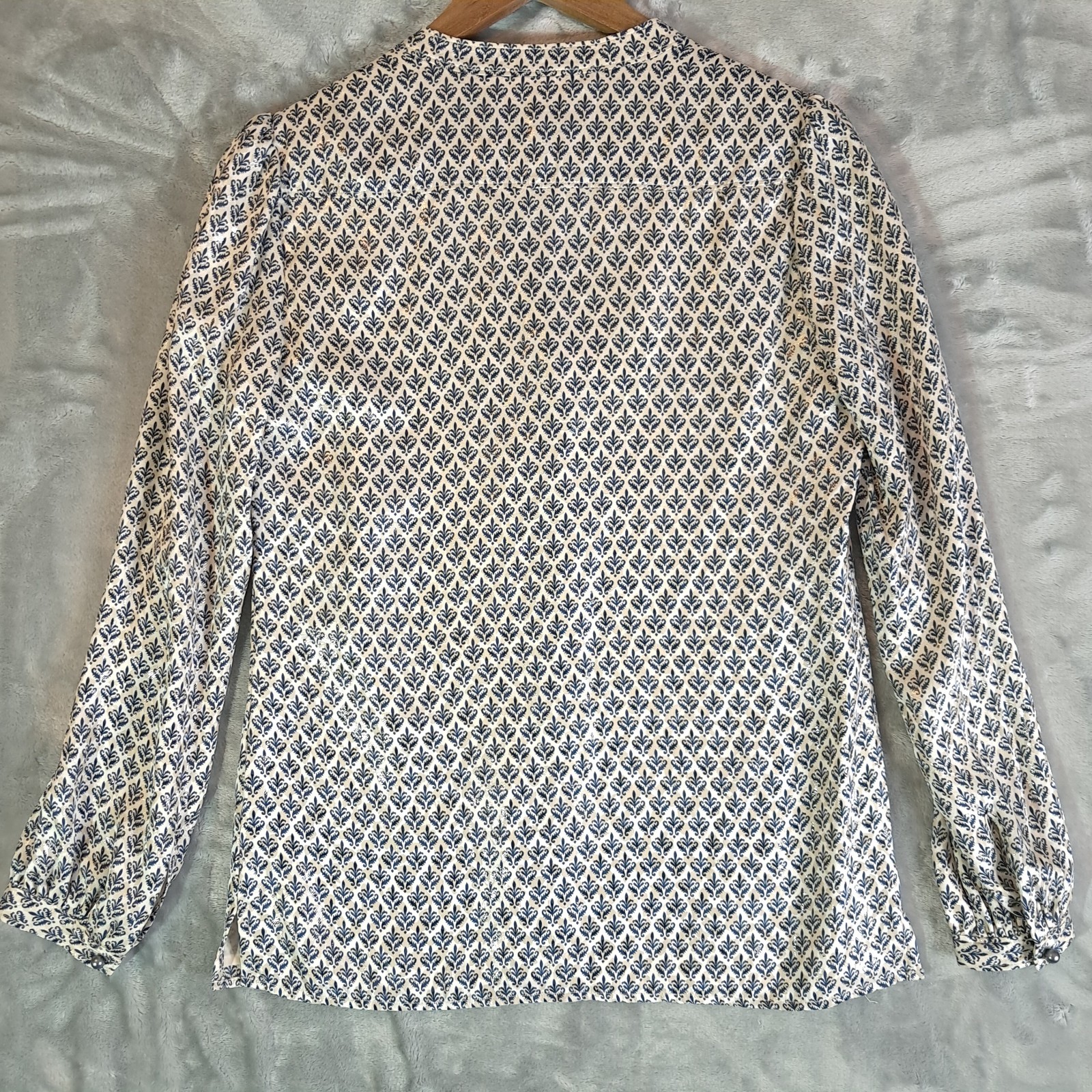 Tory Burch Caralyn Silk Blouse 4 Blue White Geometric Lantern Sleeve 41141166