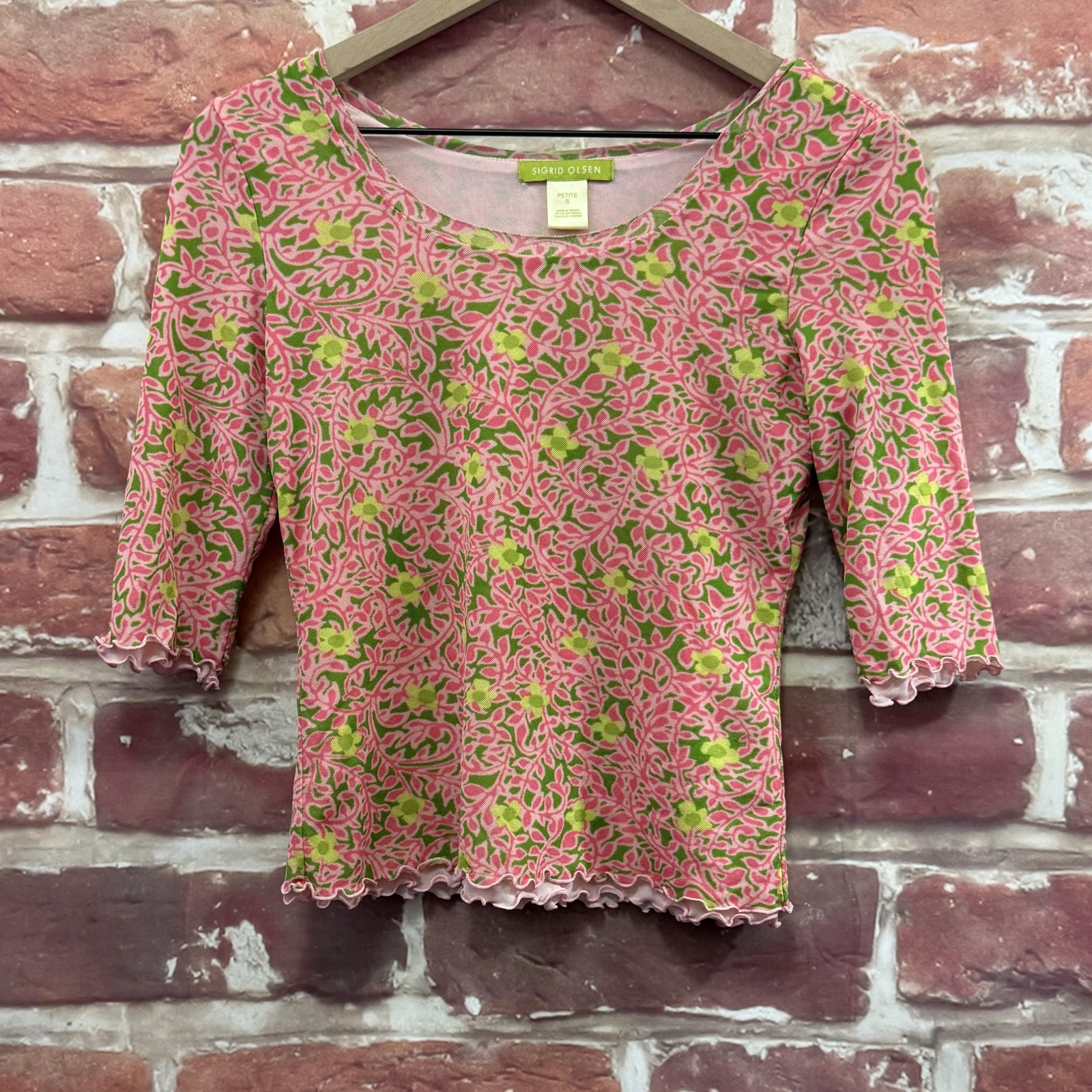 Sigrid Olsen Top Womens Petite Small Pink Floral Nylon Lined Pullover 3/4 Sleeve