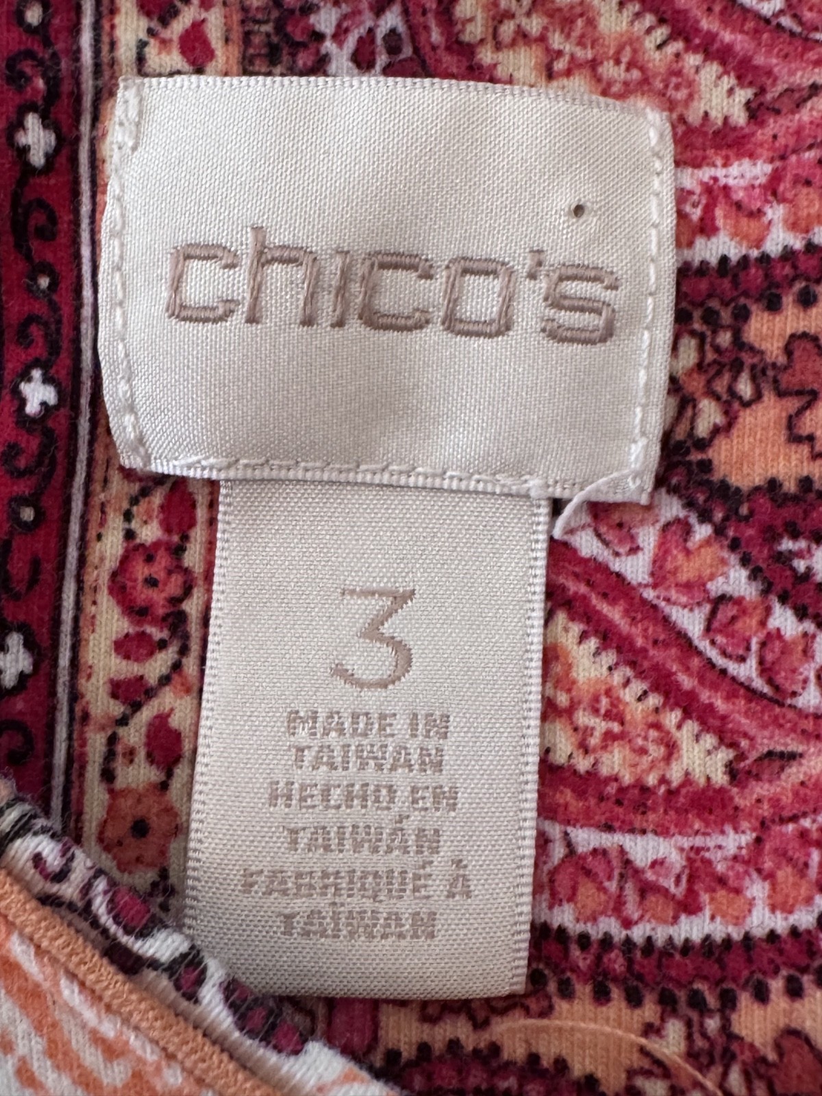 Chicos Size 3 Pink Paisley Patchwork Tunic Blouse Cotton Stretch Taiwan