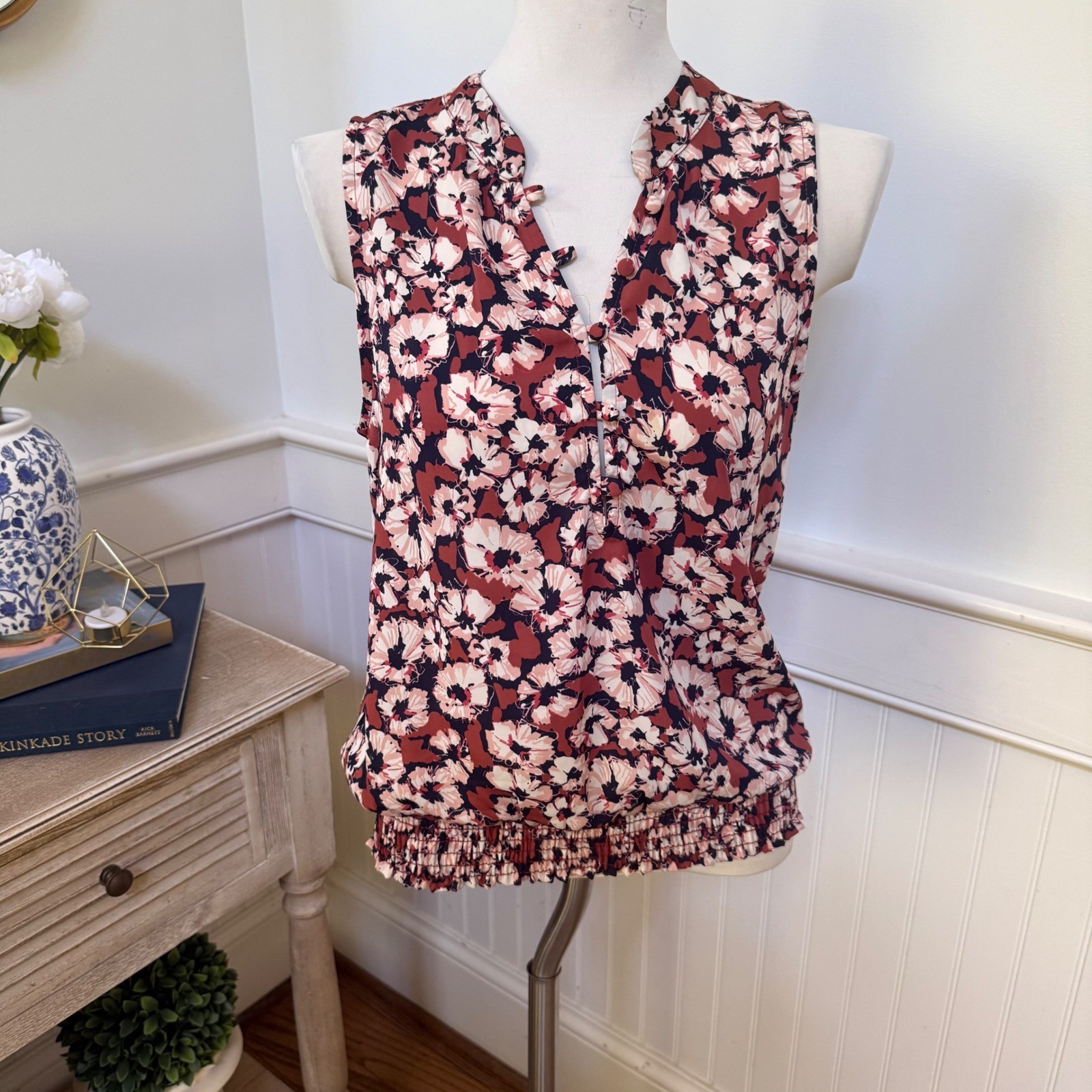 Floral Sleeveless Blouson Top Burgundy Cream Navy Split V-Neck Smocked Hem