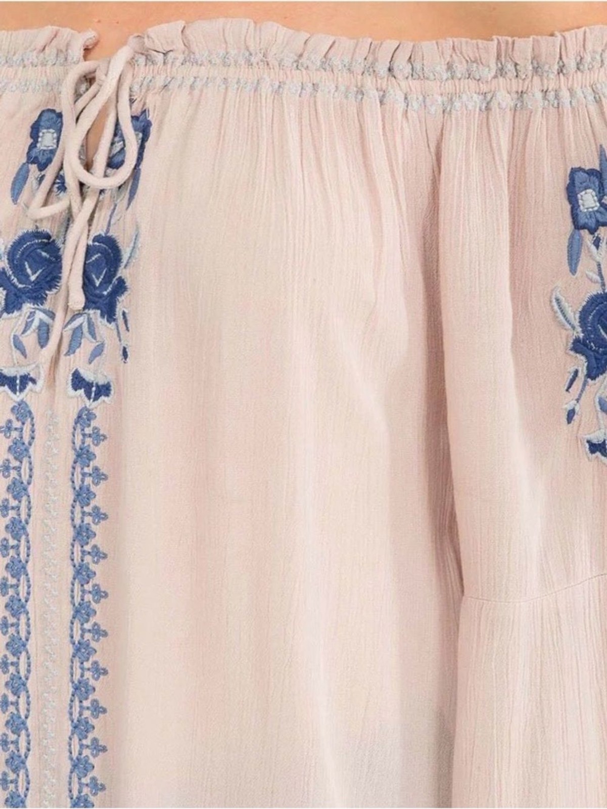 0279. Off-Shoulder Embroidered Blouse in Blush with Blue Accents