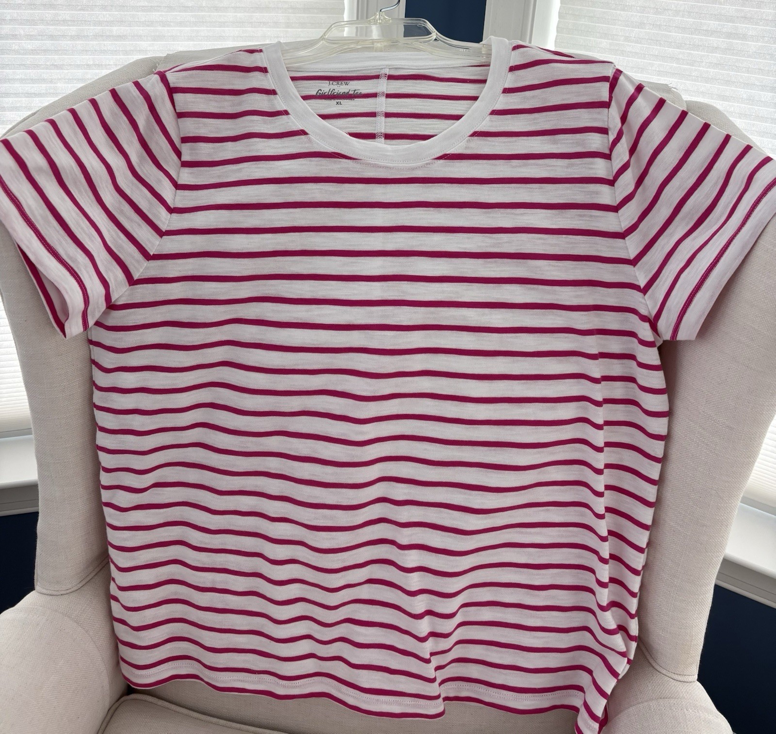 J Crew Girlfriend Tee Shirt Pink And White Stripes. Size XL. Excellent Condition