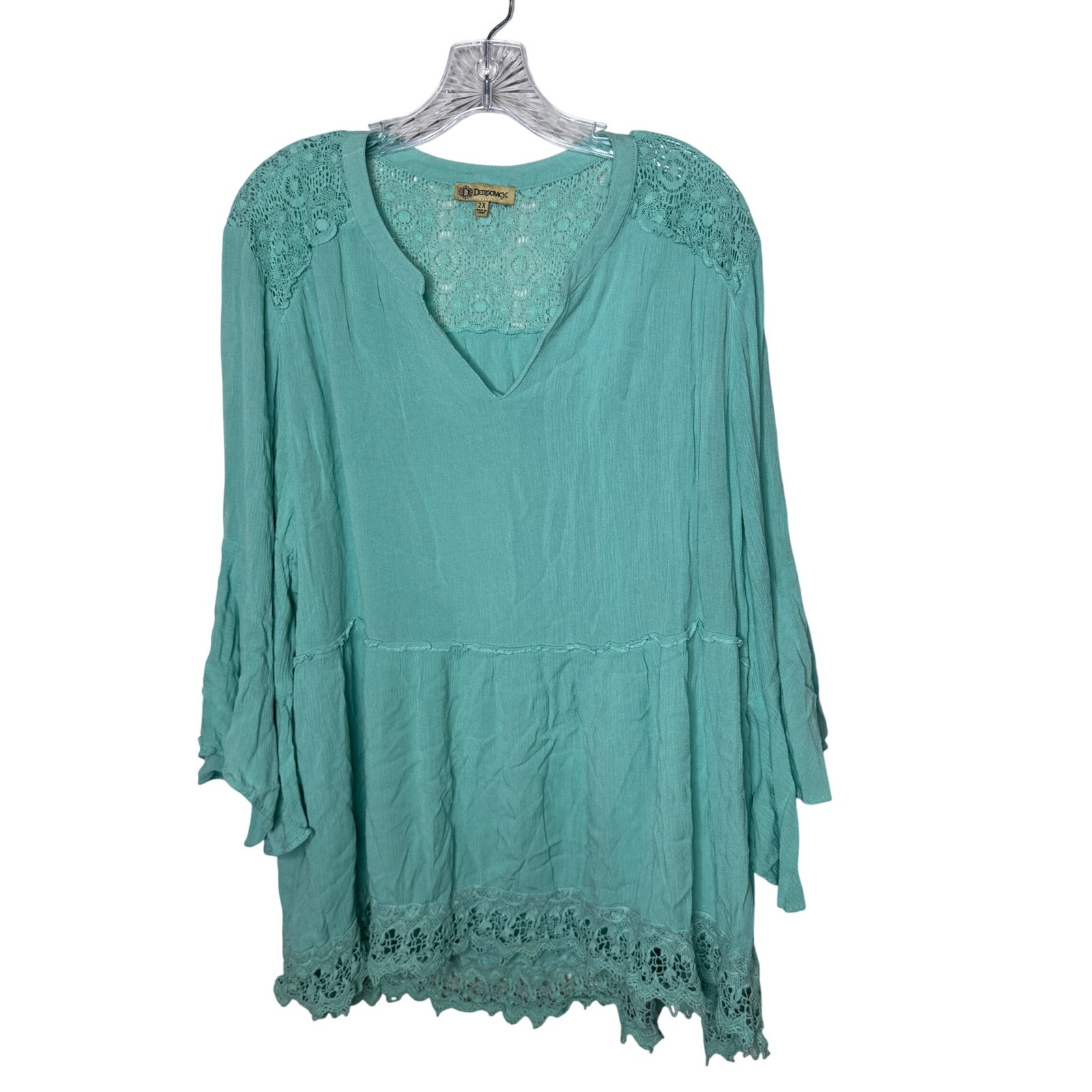 Democracy Women 2X Seafoam Green Lace Trim Tiered Boho Blouse WCT0354SM