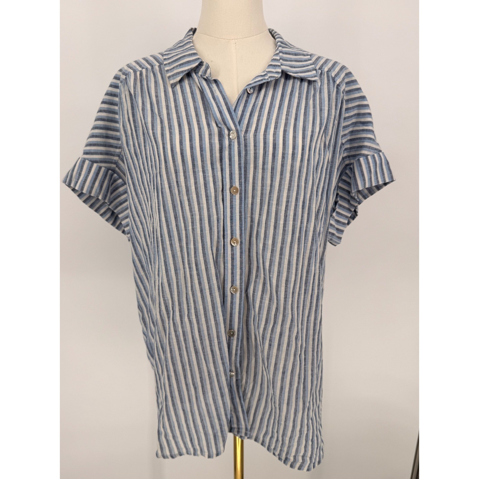 Draper James RSVP Striped Linen Blend Shirt Top Women’s M Blue White