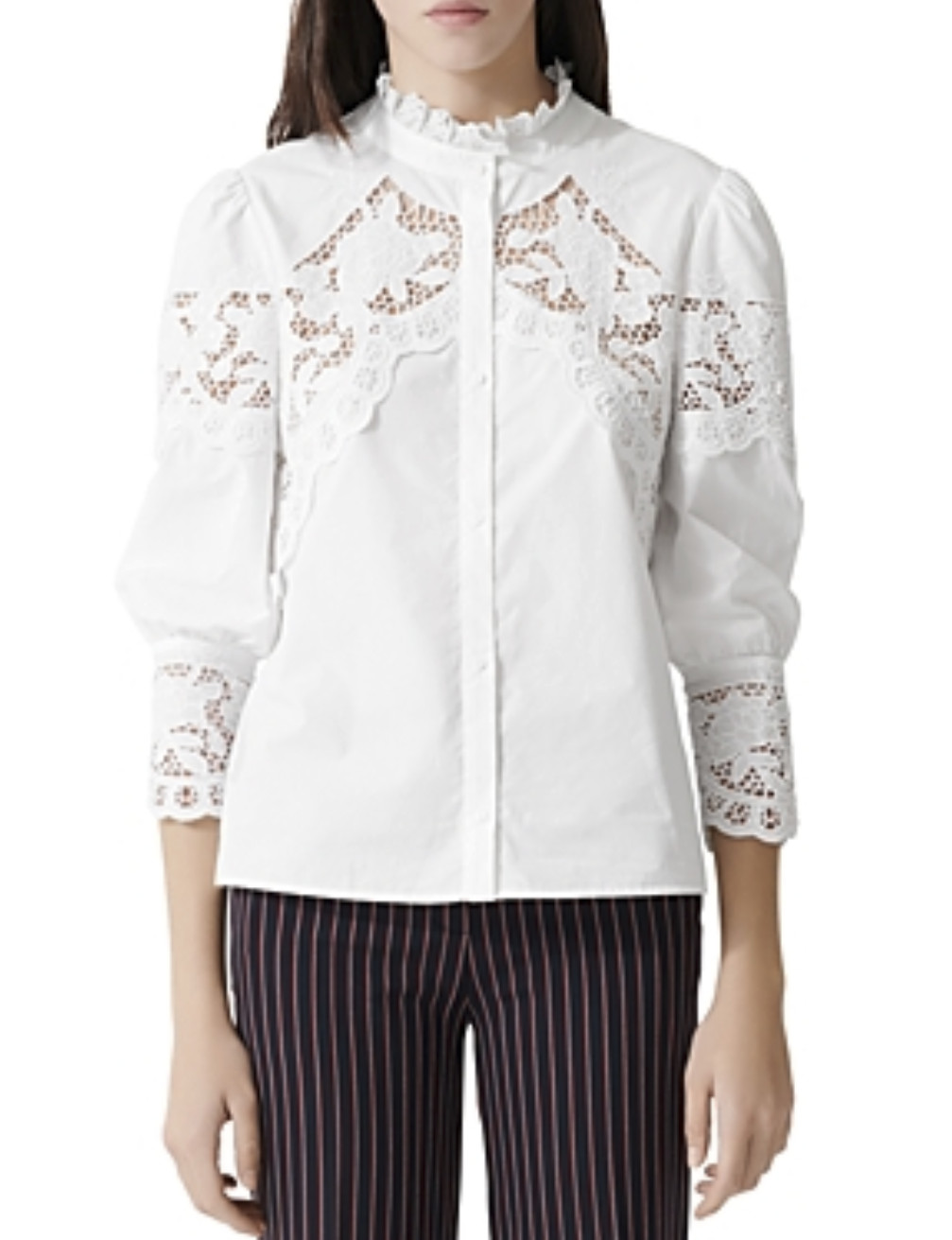 Maje Women Cebella Lace Trim Cotton Shirt White Size 3(L)