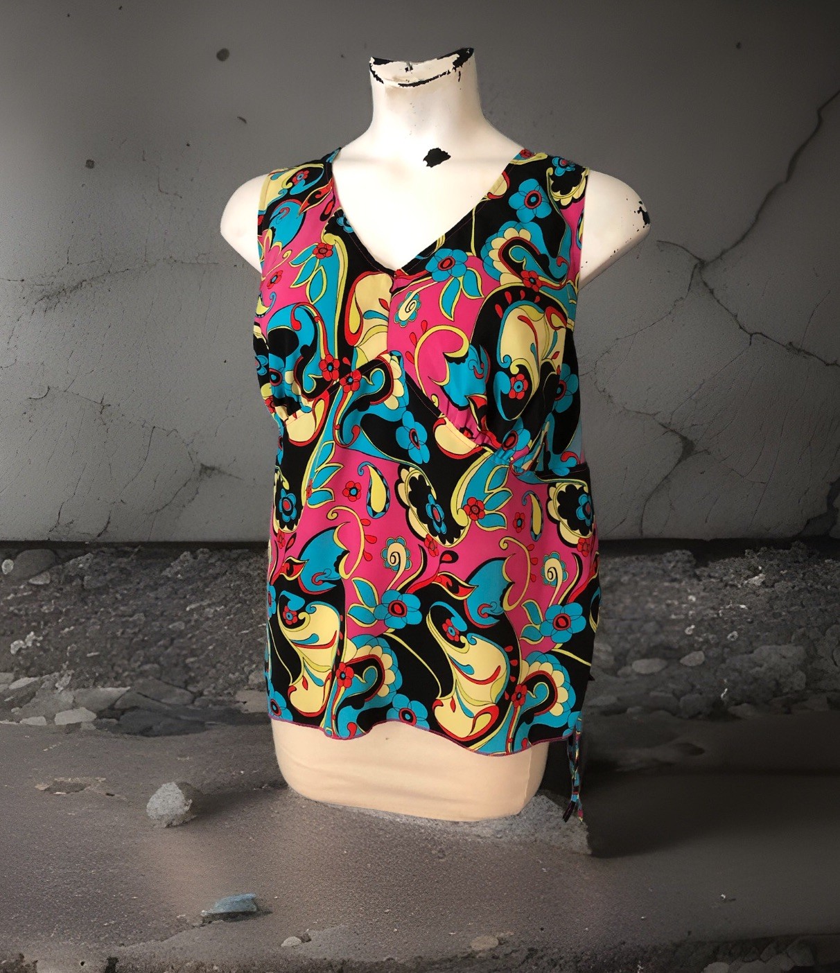 Empire Waist Tank Top Size 26W (4X) Bright Boho Floral Ruched Side Pink Blue