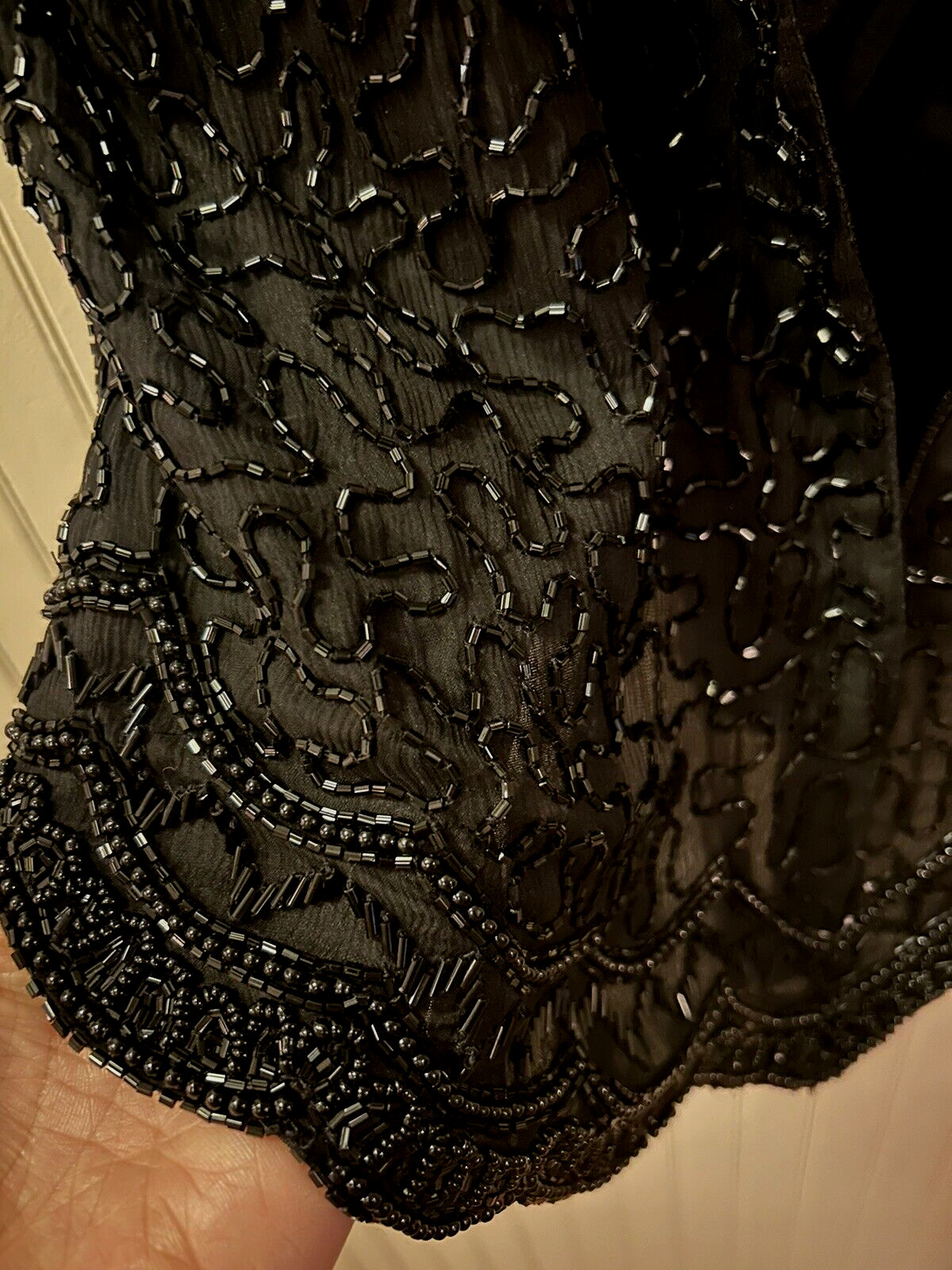Vintage 100% Silk Top Women Small Black Sequin Bead Cote d’ Azur Evening Blouse