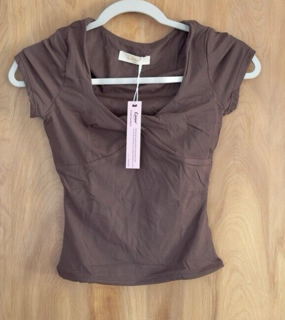 Qinsen Womens Sexy Twist Front V Neck T Shirts Double Lined Slim Fit XS Chestnut