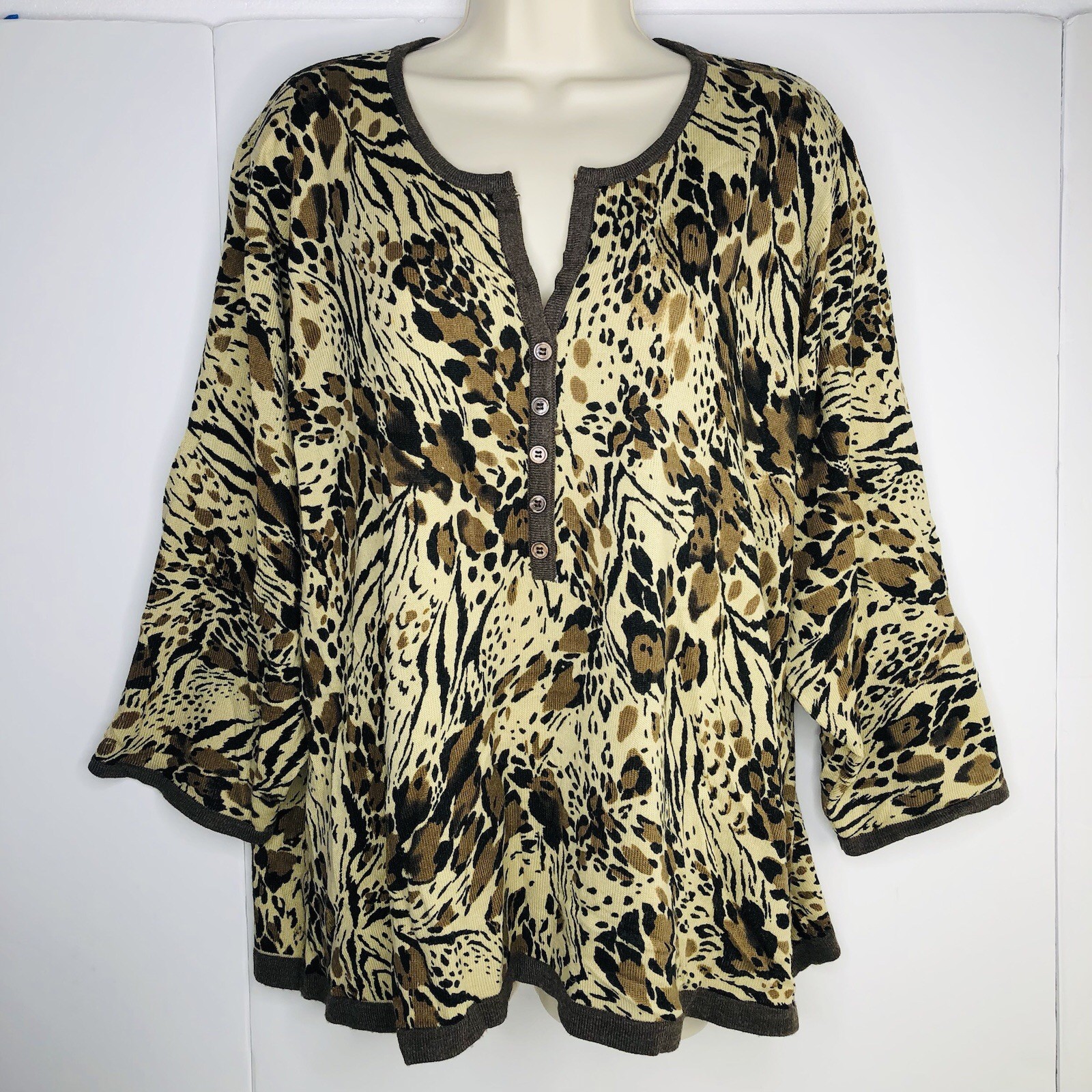 Vtg Cathy Daniels Womens Y2K Henley 3X Splash Floral Artsy Top Brown Cream Black