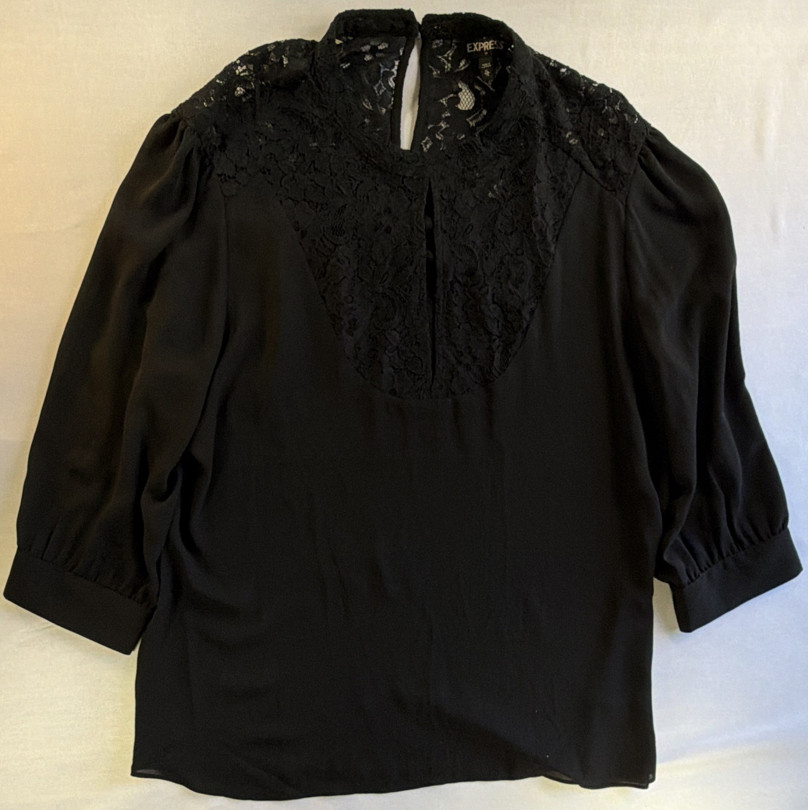 Express Women’s Black Solid Lace Yoke High Neck Puff 3/4 Sleeve Blouse XL
