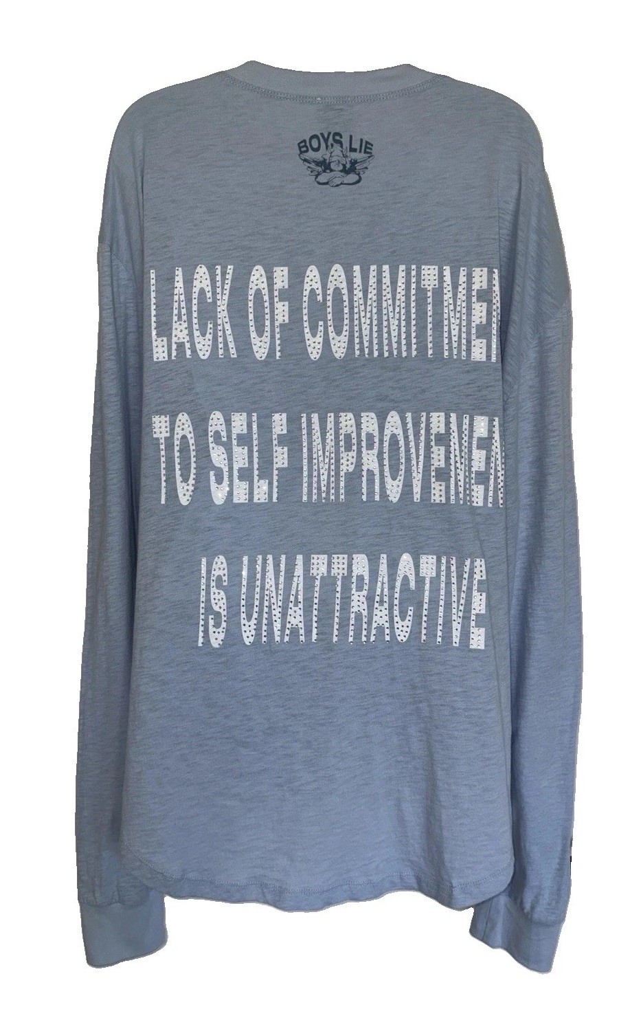 Boys Lie Lack of Commitment Long Sleeve Henley Tee Shirt OS Blue Rhinestone RARE