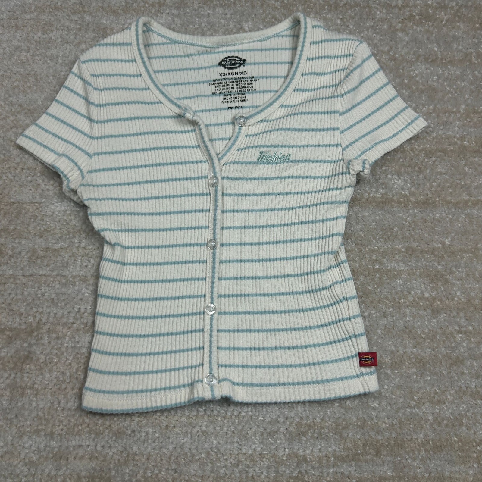Dickies Top Womens XS White Blue Stripe Ribbed Button Front Fitted Short Sleeve