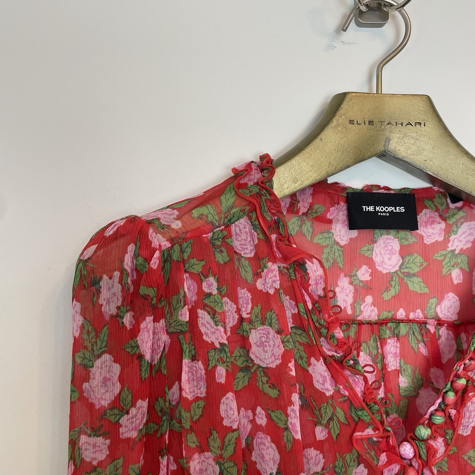 THE KOOPLES Floral Rose Button Down Sheer Victorian Blouse Sz 1 S Small Silky