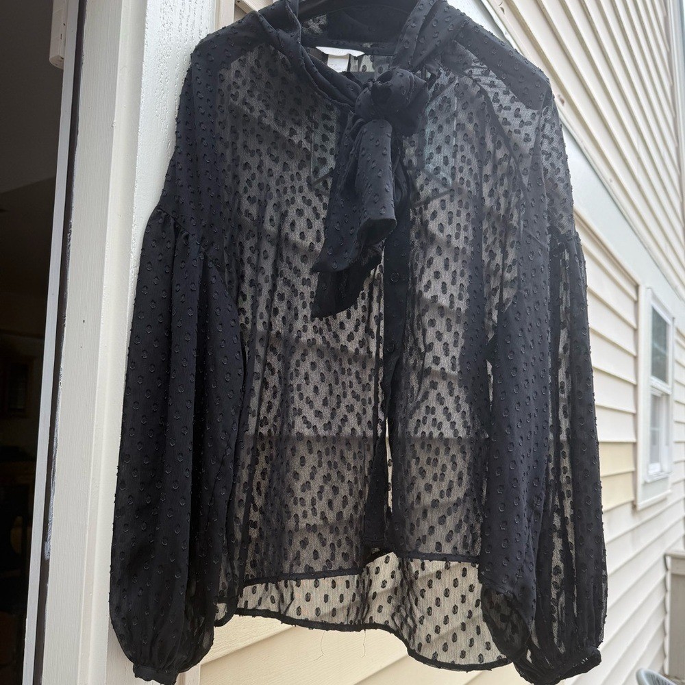 H&M Sheer Black Polka Dot Blouse with Bow Tie