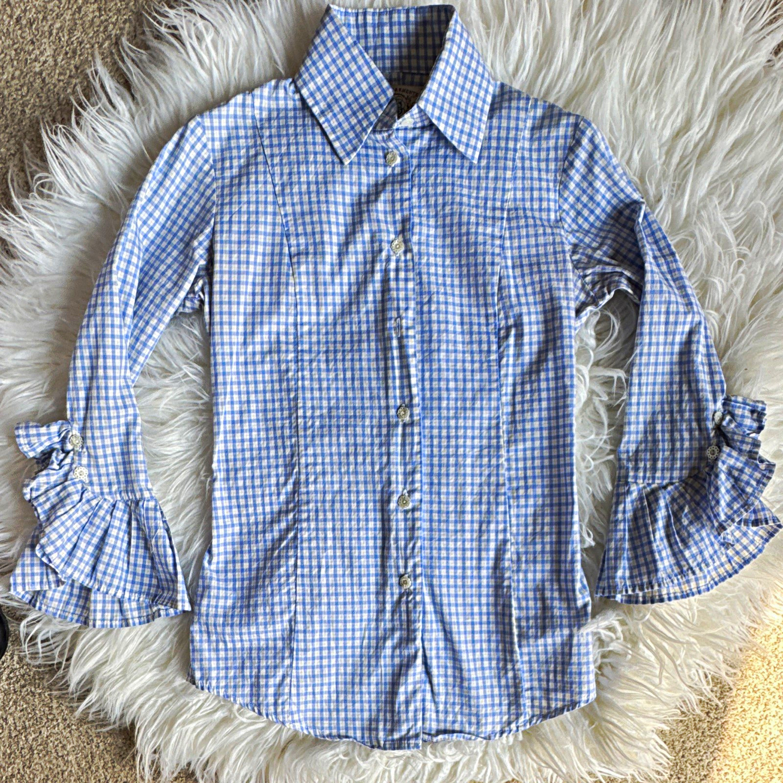 Bell Women’s 0 Blue/White Gingham Vintage Button-Down Ruffle 3/4 Sleeve Blouse